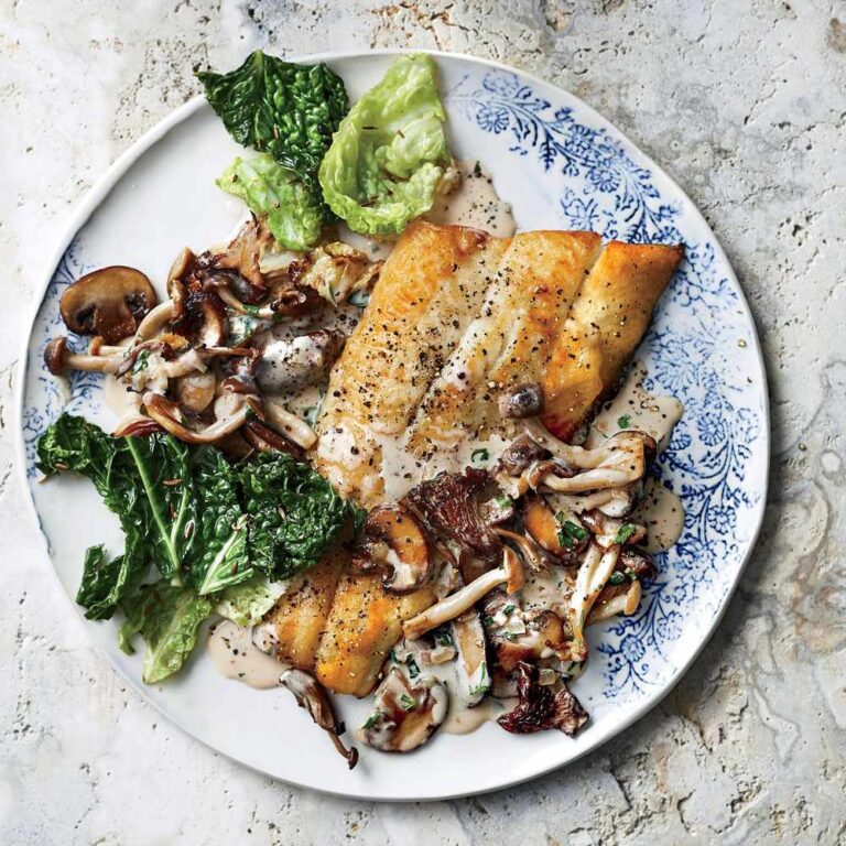 Baked fish with browned butter and mushrooms